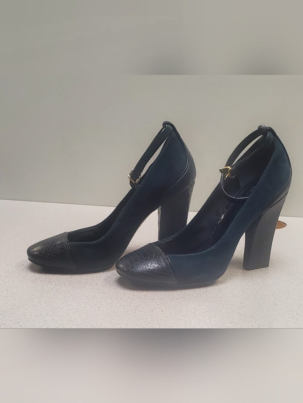 Tory Burch Black Ankle-Strap Block Heel Pumps with Textured Toe